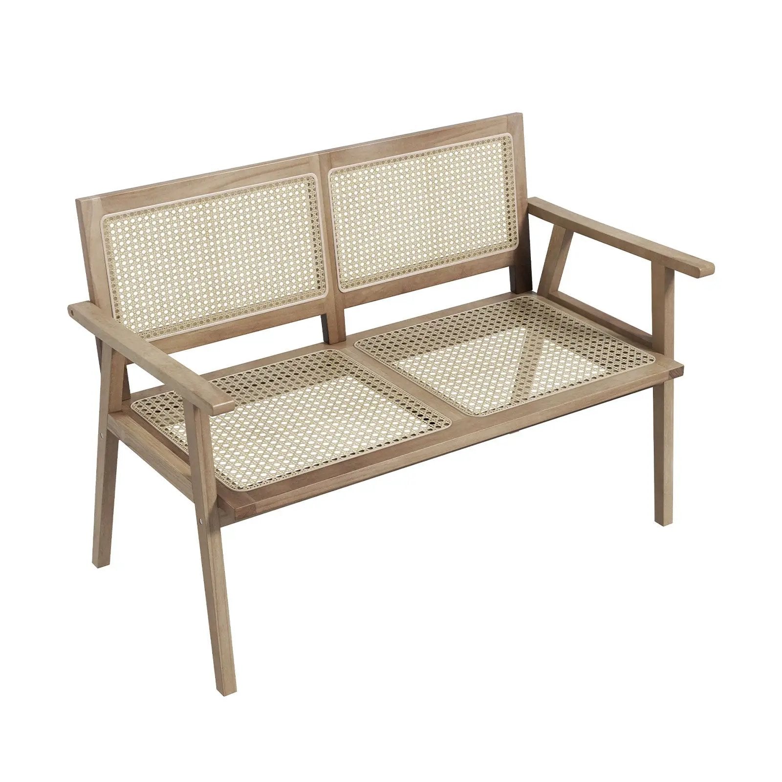 Indonesia Teak Wood Garden Bench with Armrests and Natural Rattan Backrest by DirectDeals