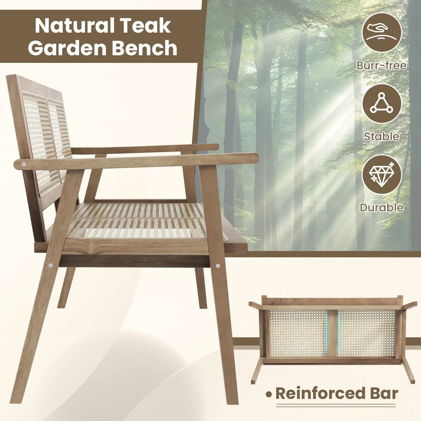 Indonesia Teak Wood Garden Bench with Armrests and Natural Rattan Backrest by DirectDeals