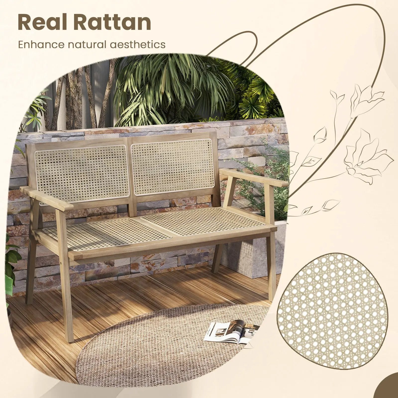 Indonesia Teak Wood Garden Bench with Armrests and Natural Rattan Backrest by DirectDeals