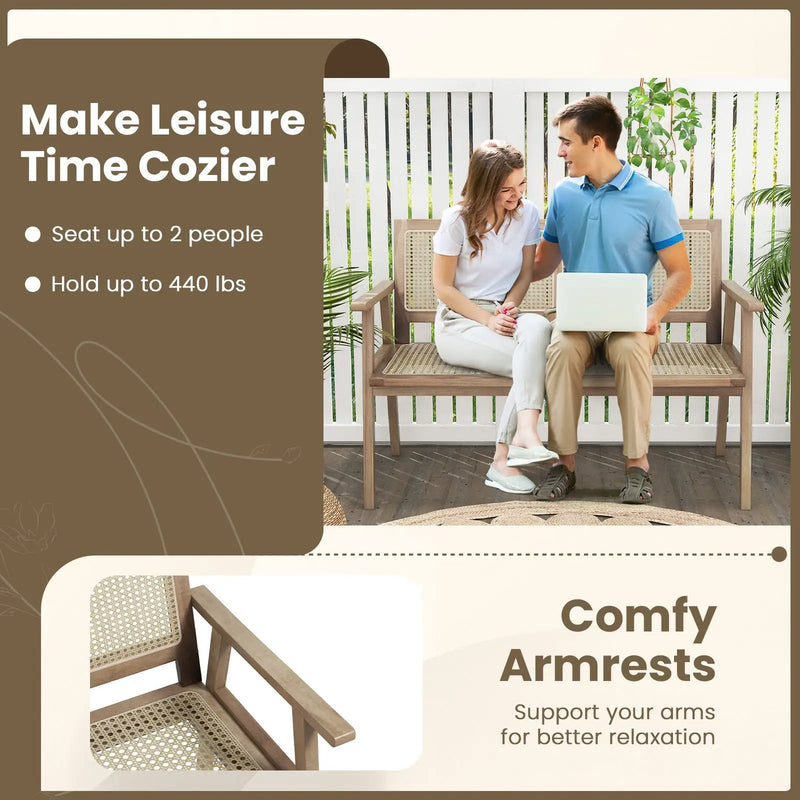Indonesia Teak Wood Garden Bench with Armrests and Natural Rattan Backrest by DirectDeals