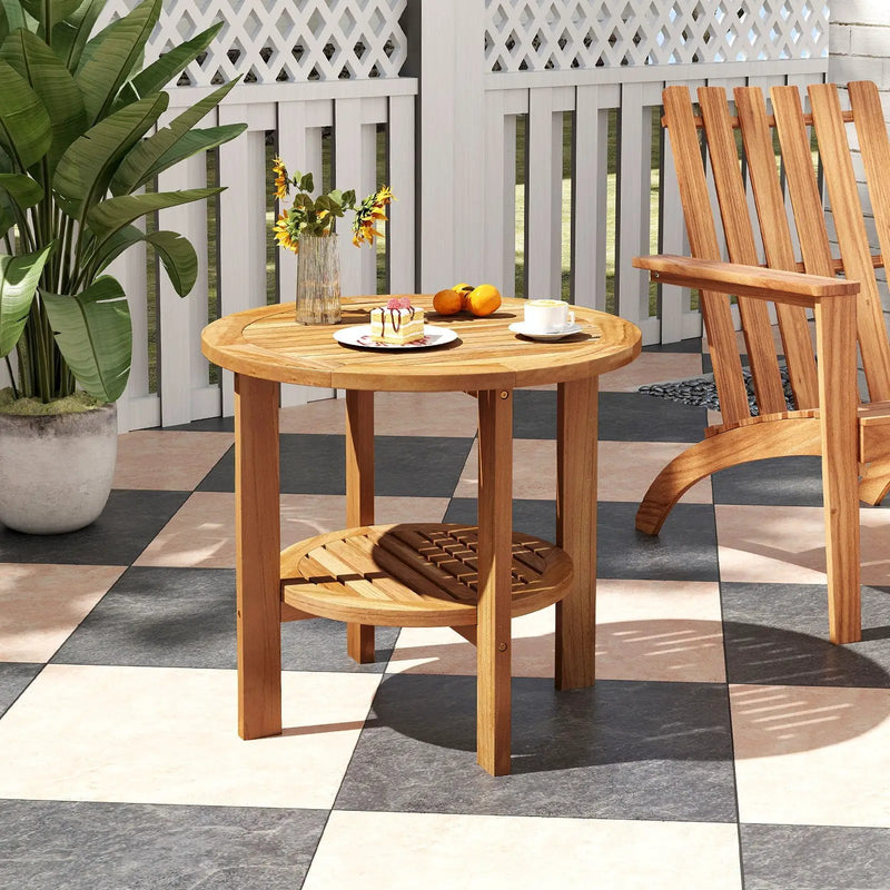 Outdoor Teak Wood Round Side Table Patio End Table with Slatted Storage Shelf by DirectDeals