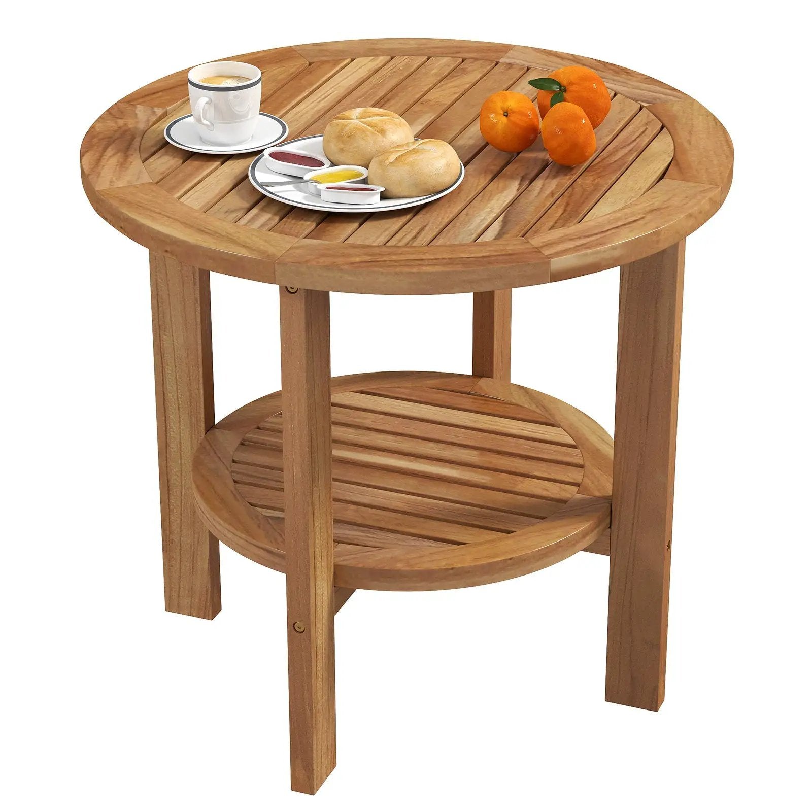 Outdoor Teak Wood Round Side Table Patio End Table with Slatted Storage Shelf by DirectDeals