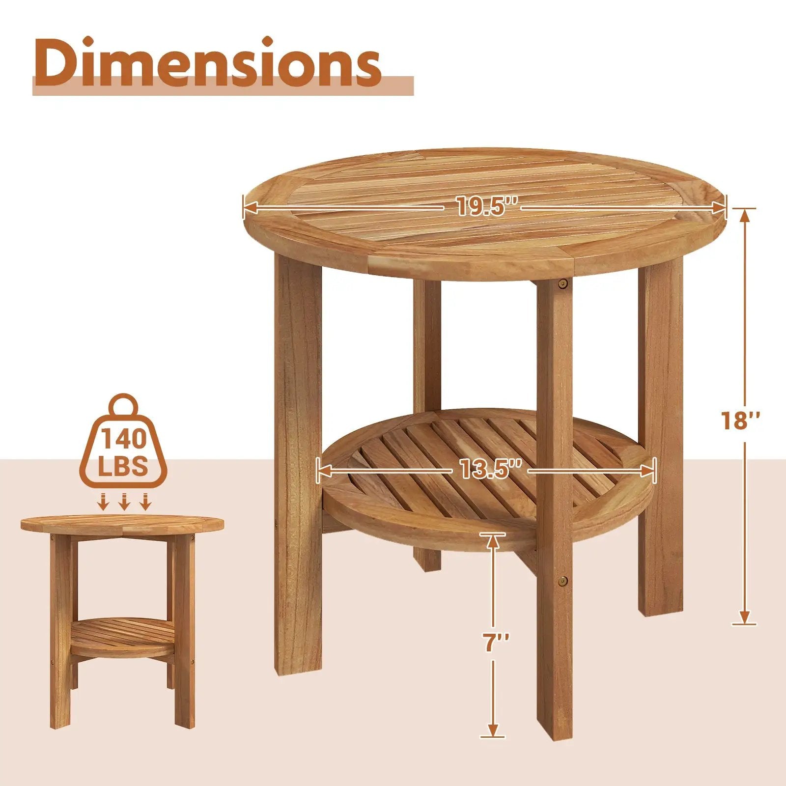 Outdoor Teak Wood Round Side Table Patio End Table with Slatted Storage Shelf by DirectDeals