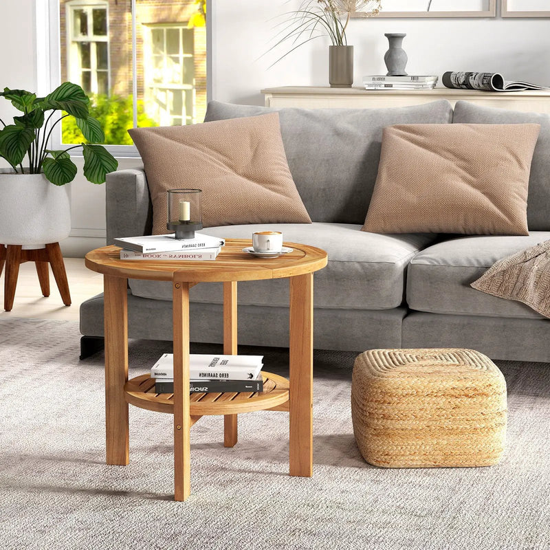 Outdoor Teak Wood Round Side Table Patio End Table with Slatted Storage Shelf by DirectDeals