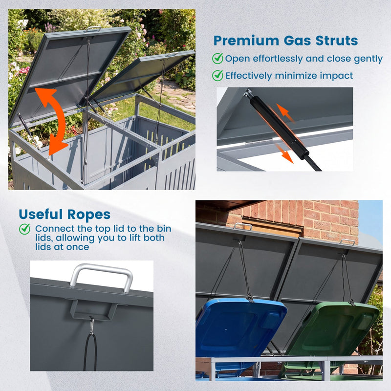 Outdoor Trash Can Storage Shed for 2 Bins with Gas Struts by DirectDeals