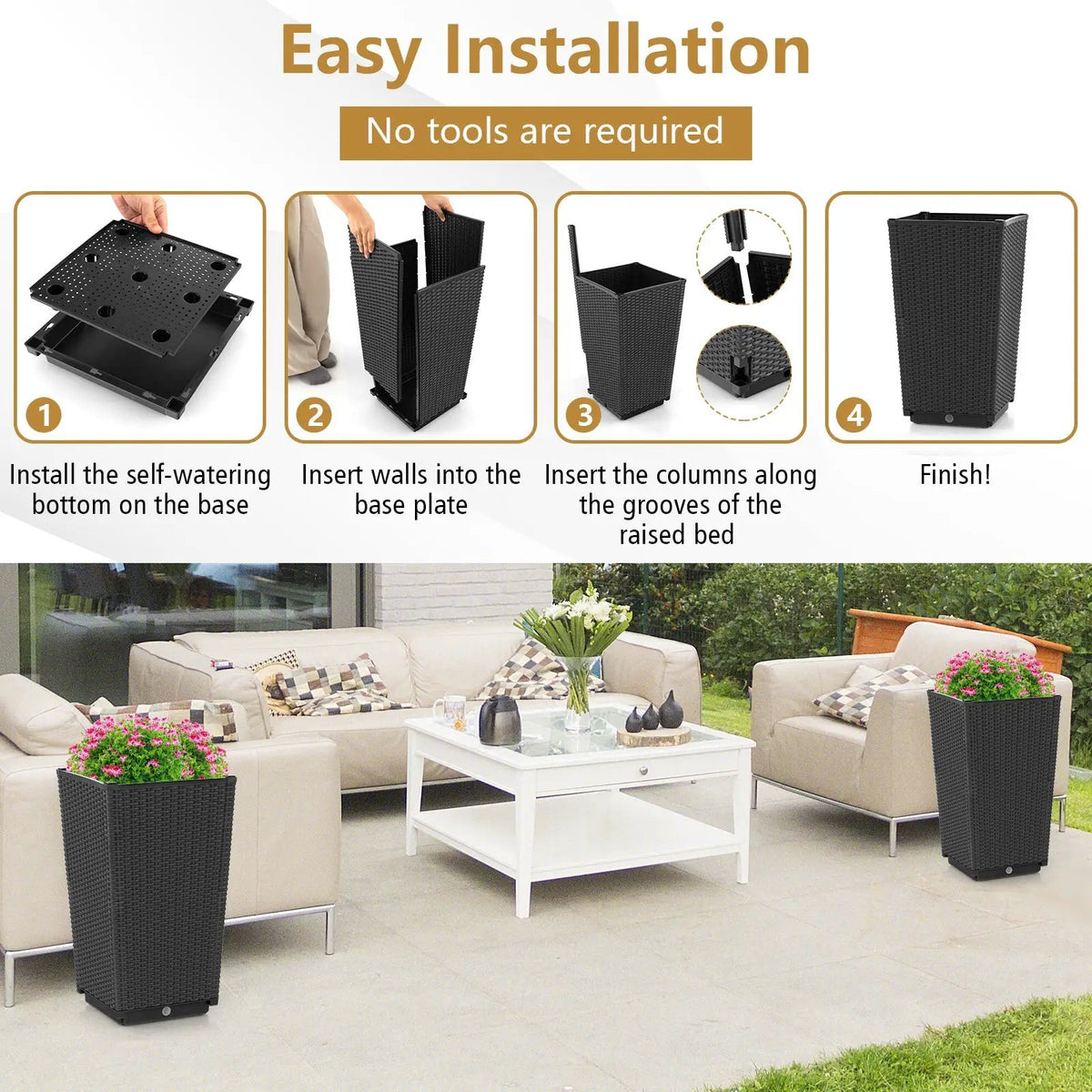 Outdoor Wicker Flower Pot Set of 2 with Drainage Hole for Porch Balcony by DirectDeals