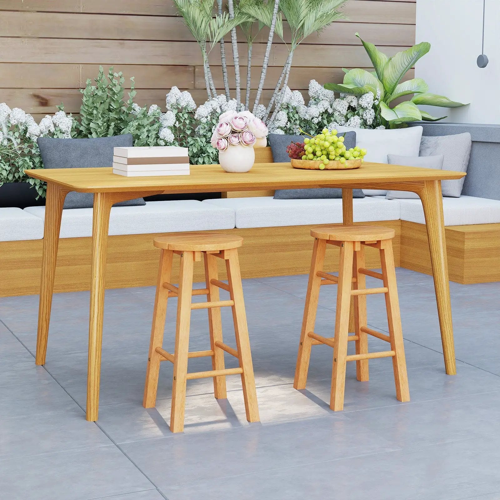 24-Inch Outdoor Wood Bar Stools Set of 2 with Round Seat and Footrest by DirectDeals