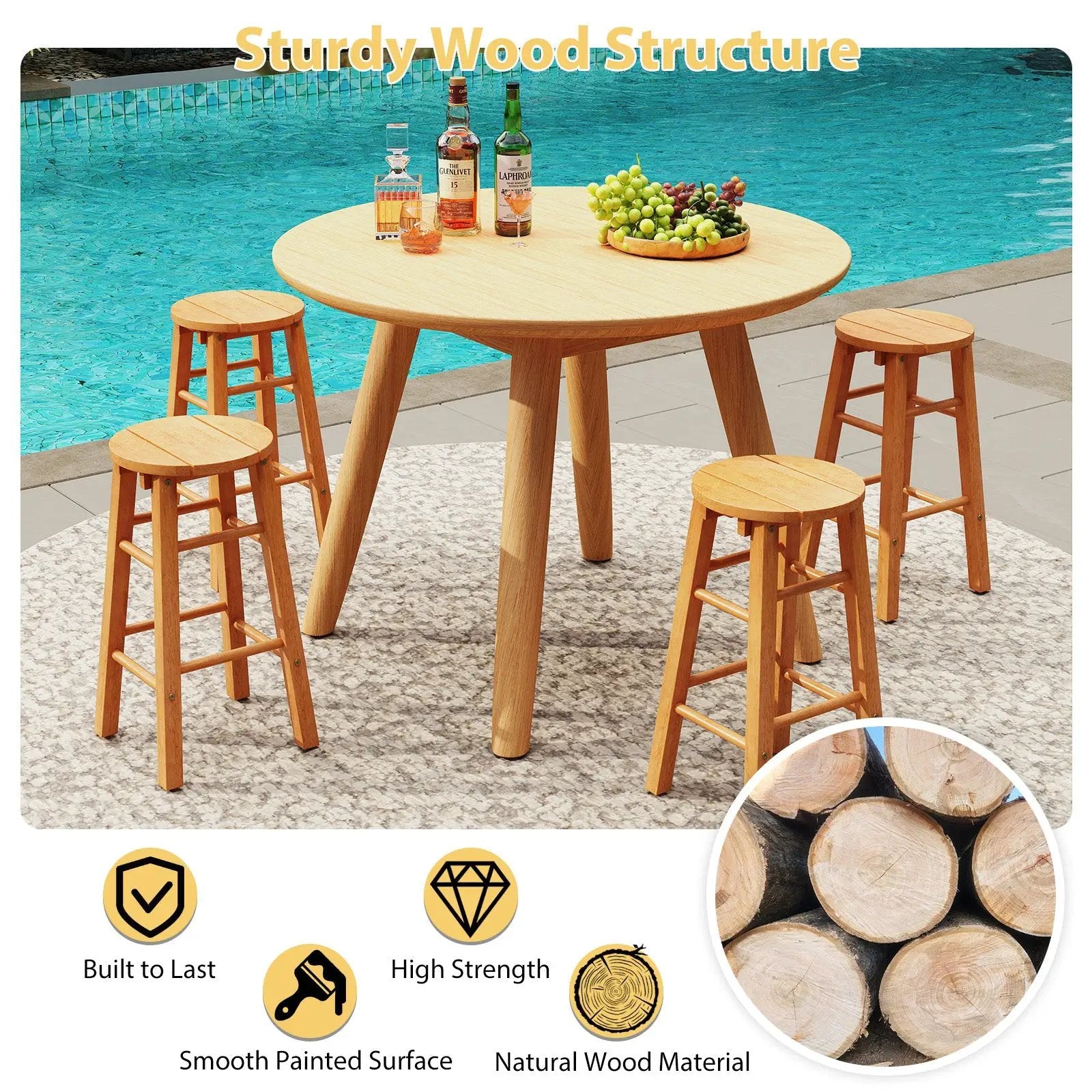 24-Inch Outdoor Wood Bar Stools Set of 2 with Round Seat and Footrest by DirectDeals