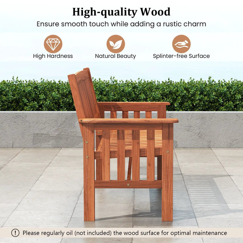 Outdoor Wood Garden Bench 2-Person Patio Park Bench with Backrest Armrests and Slatted Seat by DirectDeals
