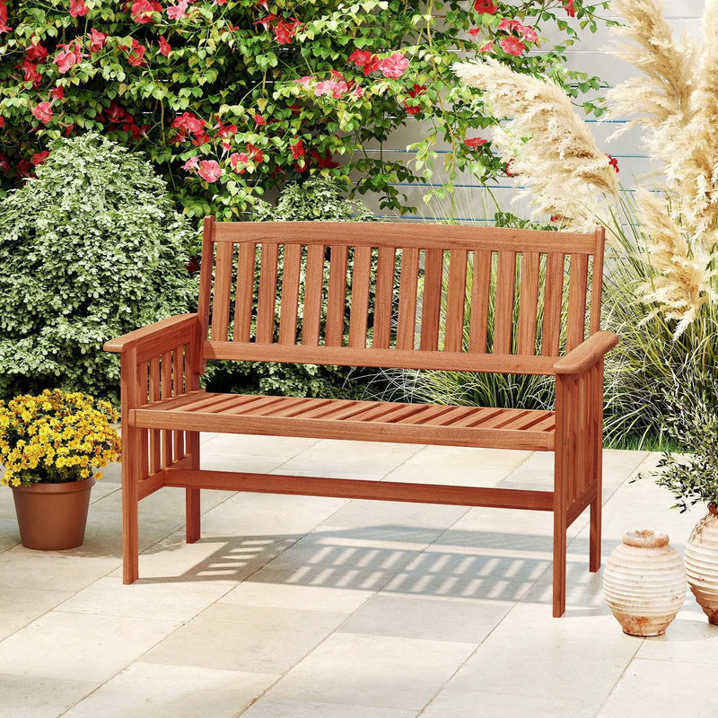 Outdoor Wood Garden Bench 2-Person Patio Park Bench with Backrest Armrests and Slatted Seat by DirectDeals