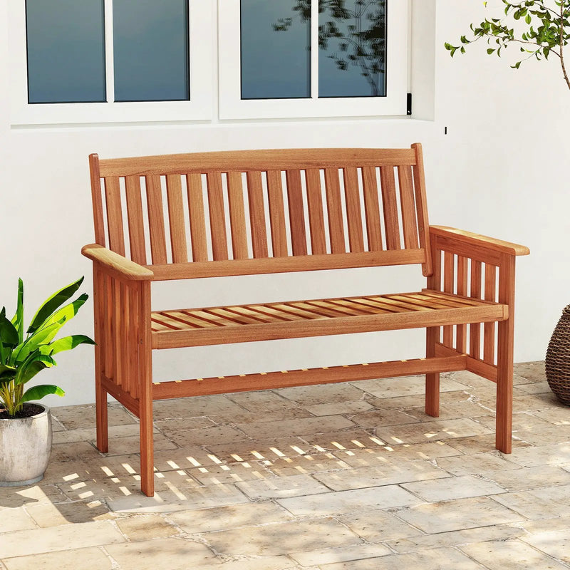Outdoor Wood Garden Bench 2-Person Patio Park Bench with Backrest Armrests and Slatted Seat by DirectDeals