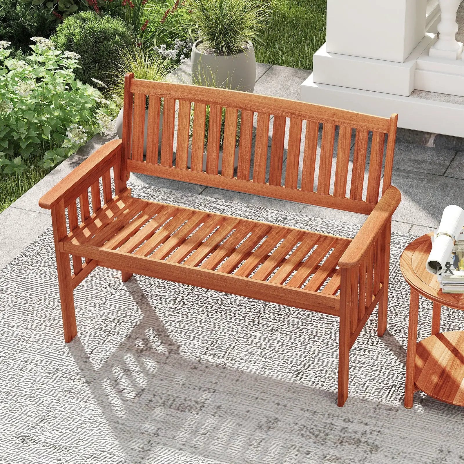 Outdoor Wood Garden Bench 2-Person Patio Park Bench with Backrest Armrests and Slatted Seat by DirectDeals