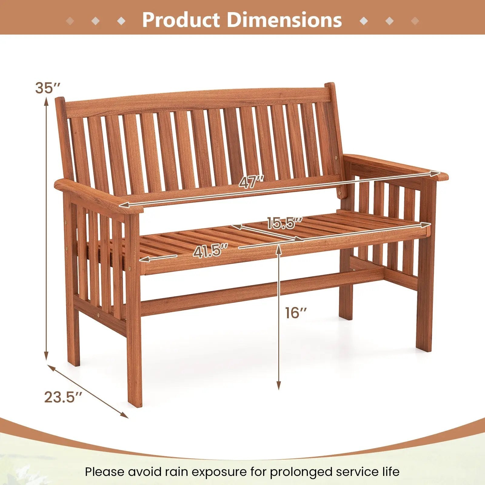 Outdoor Wood Garden Bench 2-Person Patio Park Bench with Backrest Armrests and Slatted Seat by DirectDeals