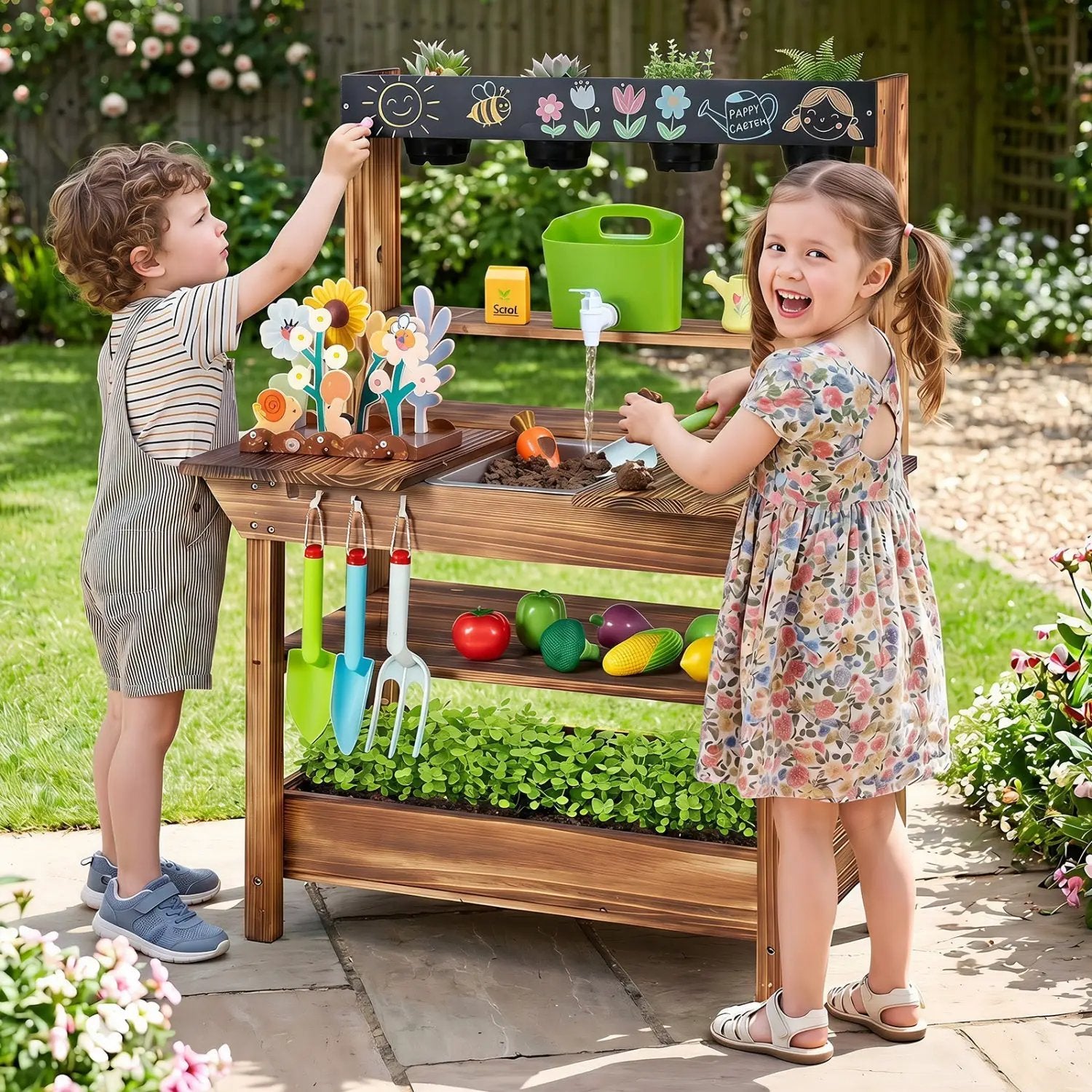 Outdoor Wooden Mud Kitchen with Water Faucet & Planter by DirectDeals