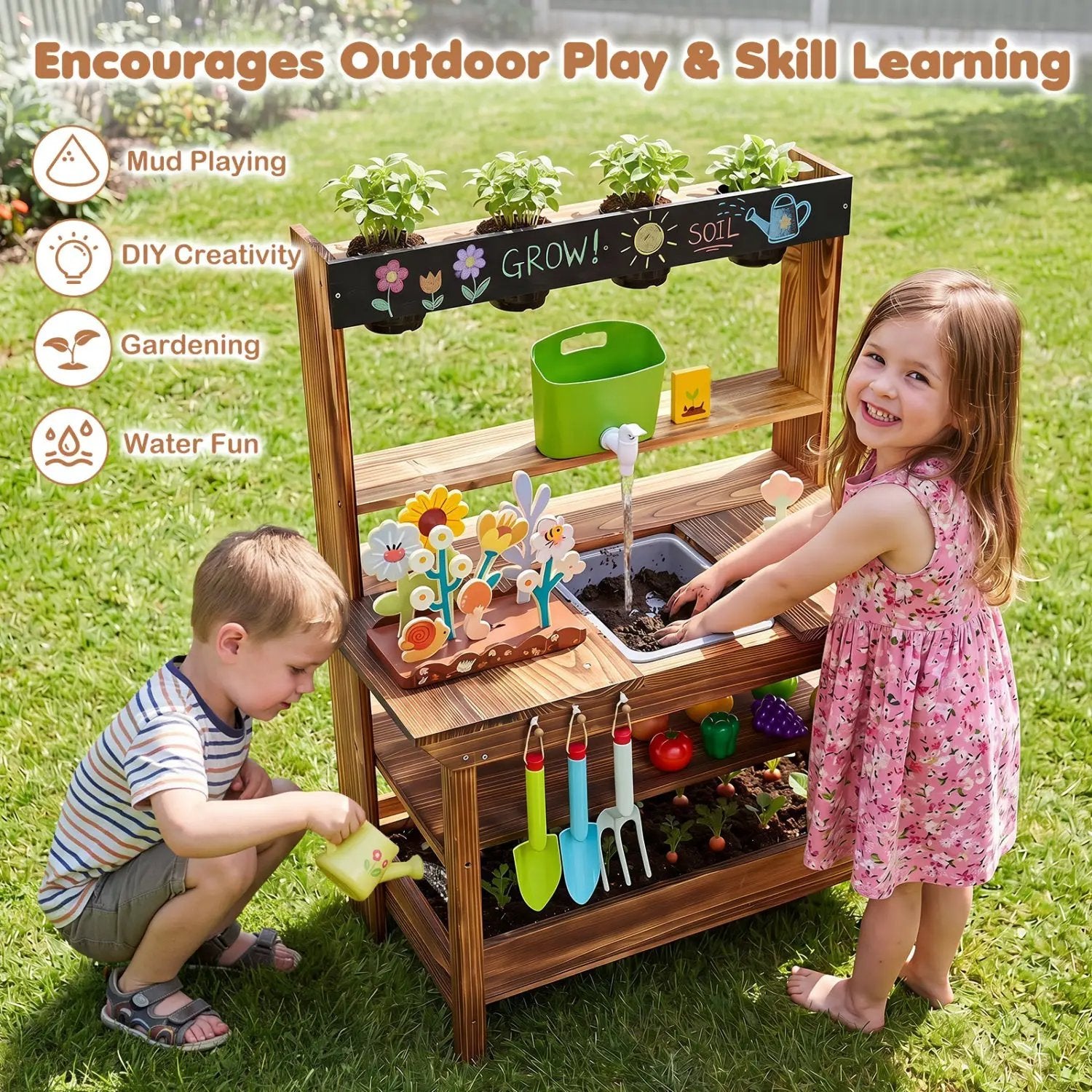 Outdoor Wooden Mud Kitchen with Water Faucet & Planter by DirectDeals
