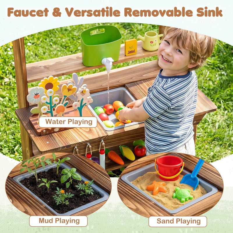 Outdoor Wooden Mud Kitchen with Water Faucet & Planter by DirectDeals