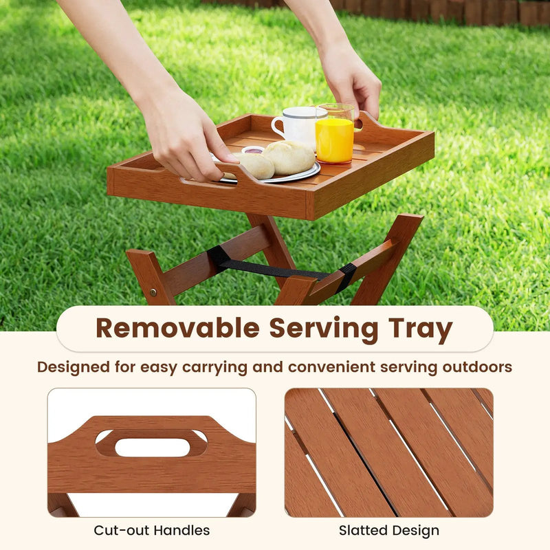 Outdoor Wood Tray Table Portable Side End Table with Folding Frame by DirectDeals