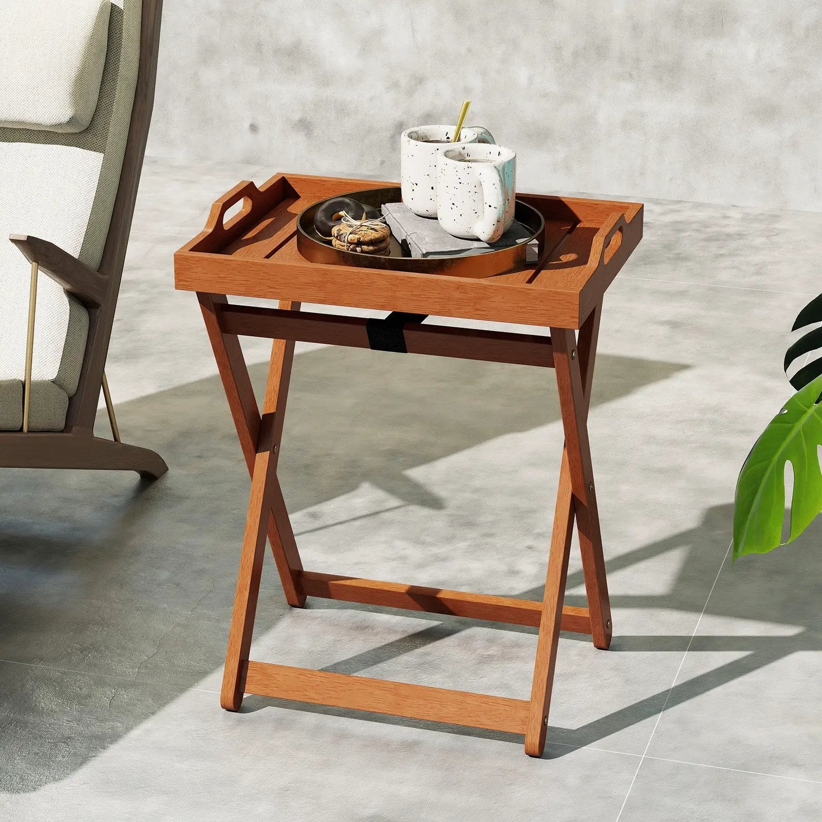 Outdoor Wood Tray Table Portable Side End Table with Folding Frame by DirectDeals