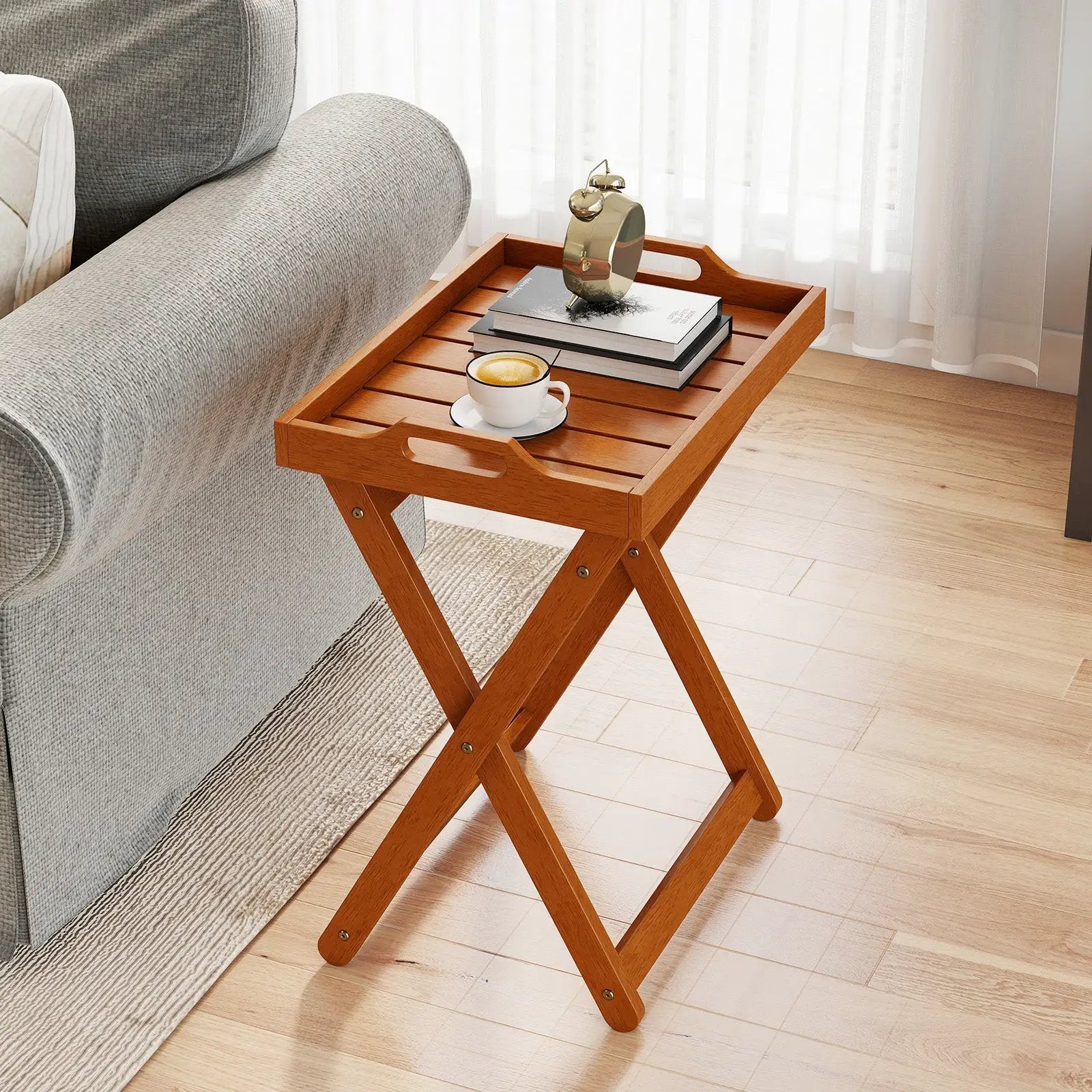 Outdoor Wood Tray Table Portable Side End Table with Folding Frame by DirectDeals