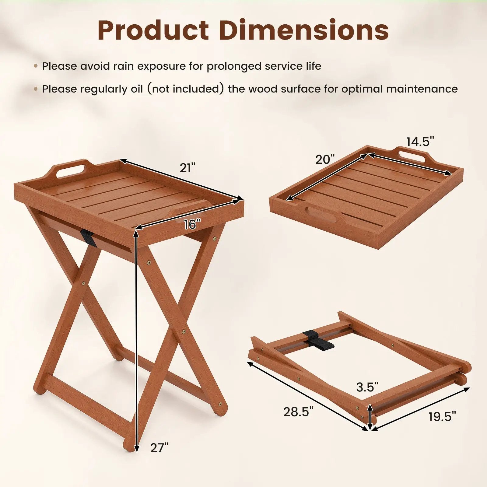 Outdoor Wood Tray Table Portable Side End Table with Folding Frame by DirectDeals