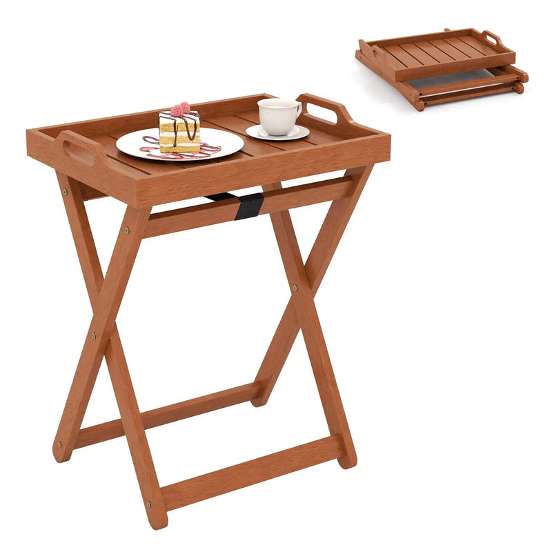 Outdoor Wood Tray Table Portable Side End Table with Folding Frame by DirectDeals