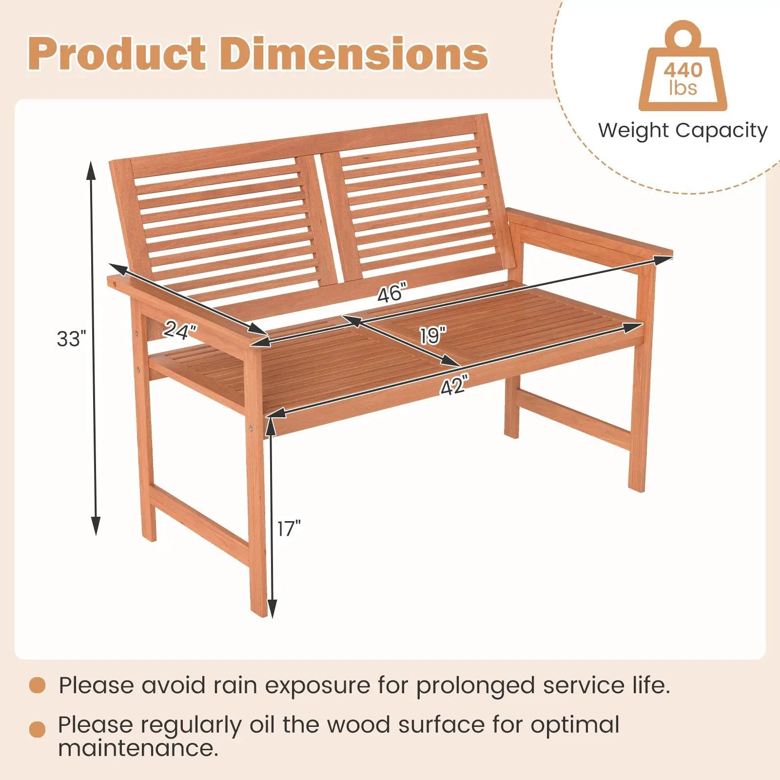 Outdoor Wooden Bench 2-Person Patio Bench with Slatted Backrest and Seat by DirectDeals