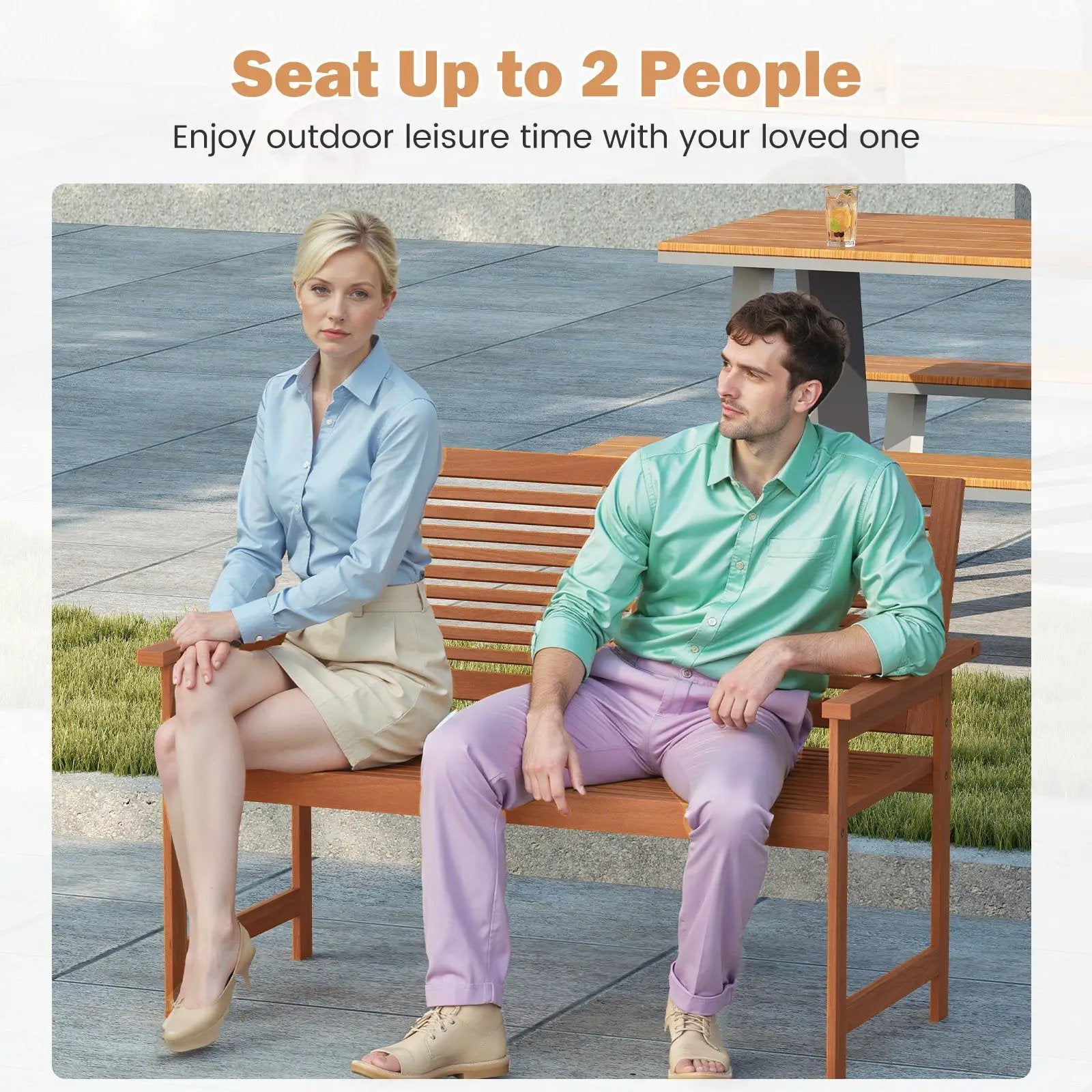 Outdoor Wooden Bench 2-Person Patio Bench with Slatted Backrest and Seat by DirectDeals