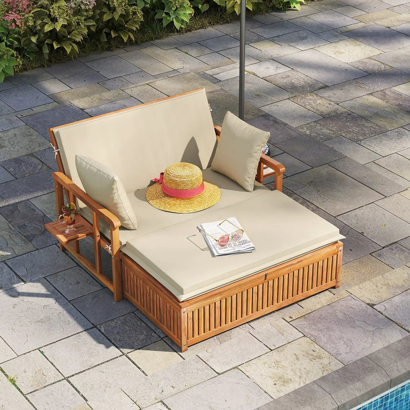 Outdoor Wooden Daybed with 4-Level Backrest and Removable Cushions-White by DirectDeals