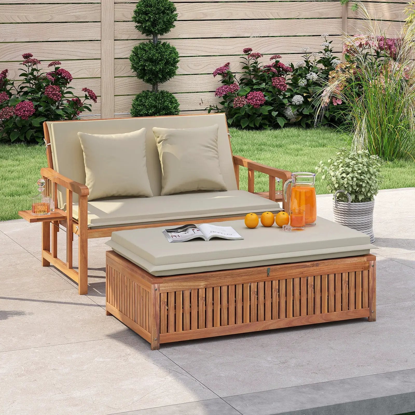 Outdoor Wooden Daybed with 4-Level Backrest and Removable Cushions-White by DirectDeals