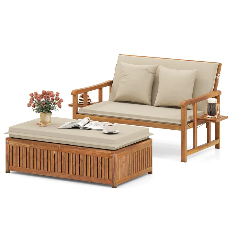 Outdoor Wooden Daybed with 4-Level Backrest and Removable Cushions-White by DirectDeals