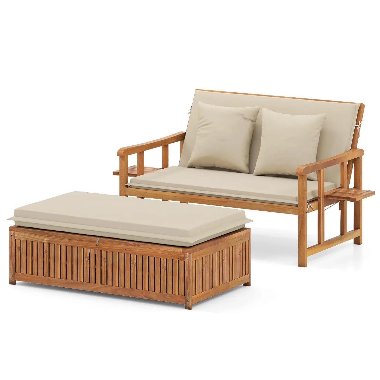 Outdoor Wooden Daybed with 4-Level Backrest and Removable Cushions-White by DirectDeals