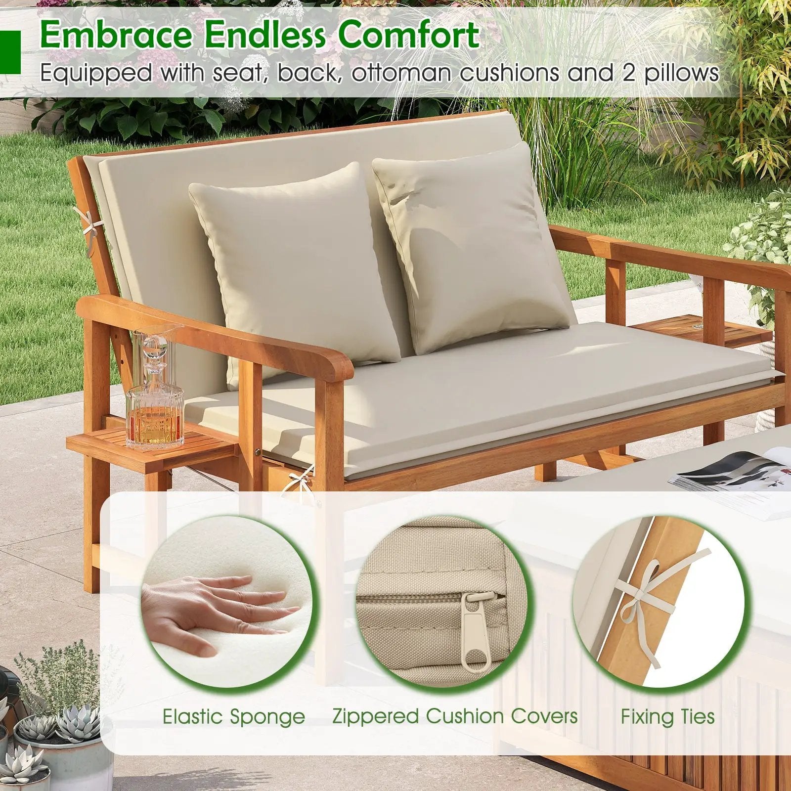 Outdoor Wooden Daybed with 4-Level Backrest and Removable Cushions-White by DirectDeals