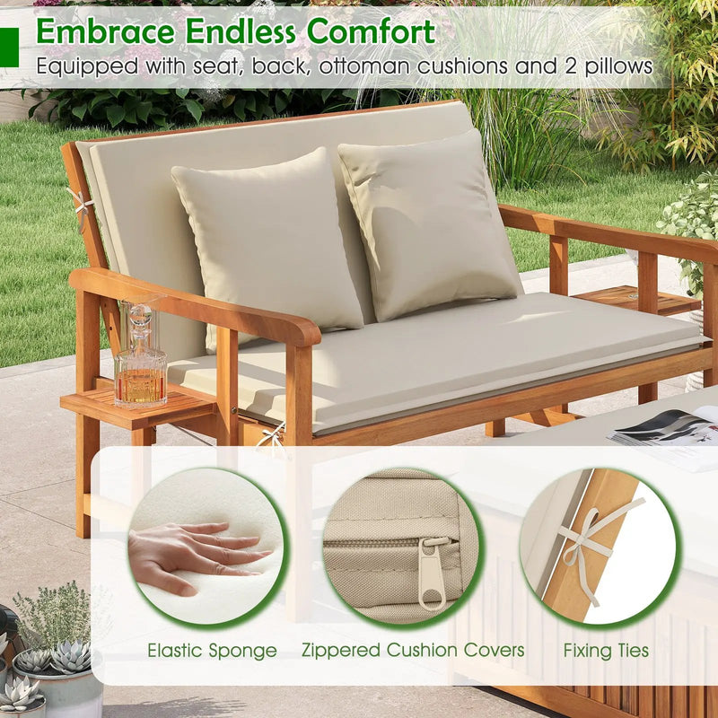 Outdoor Wooden Daybed with 4-Level Backrest and Removable Cushions-White by DirectDeals