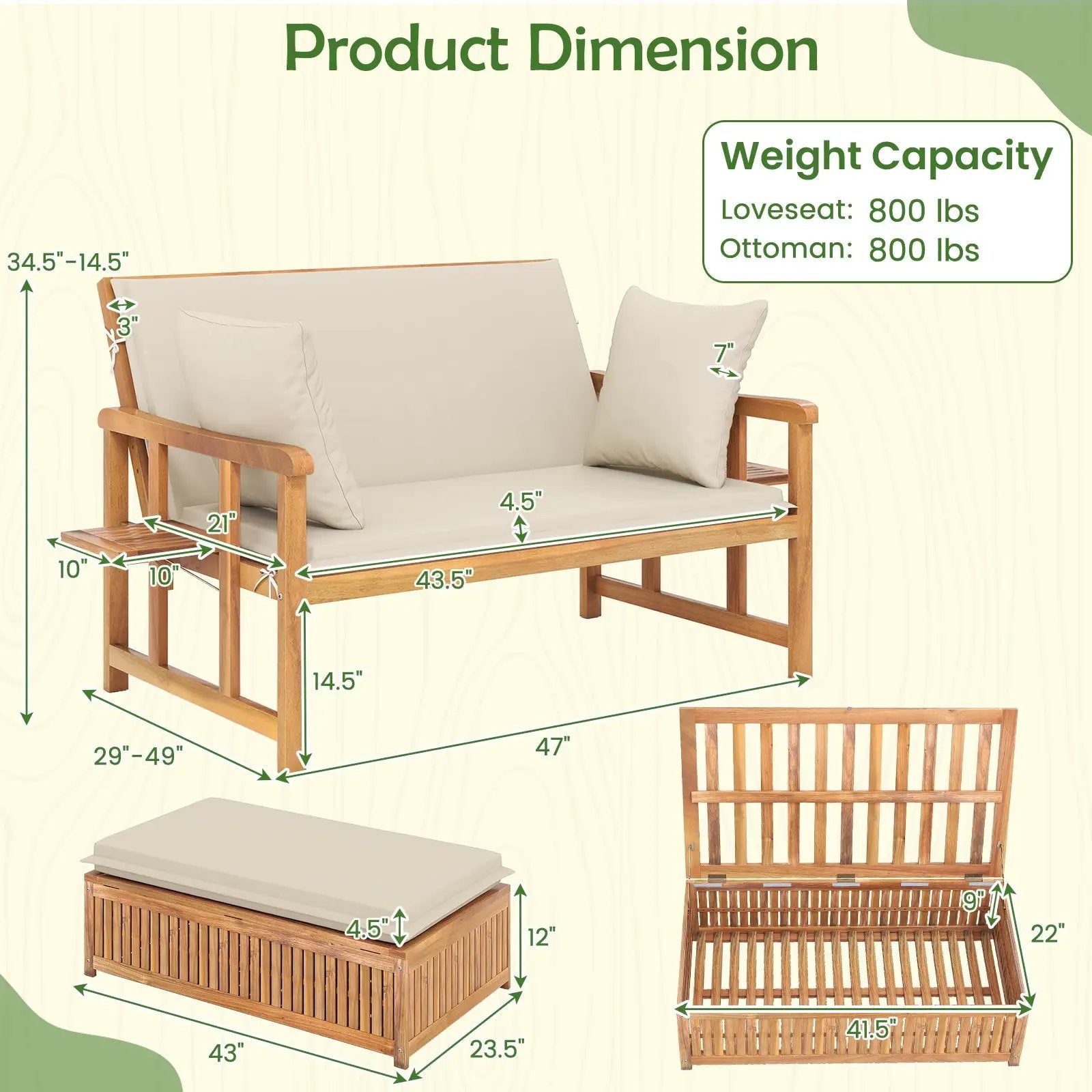 Outdoor Wooden Daybed with 4-Level Backrest and Removable Cushions-White by DirectDeals
