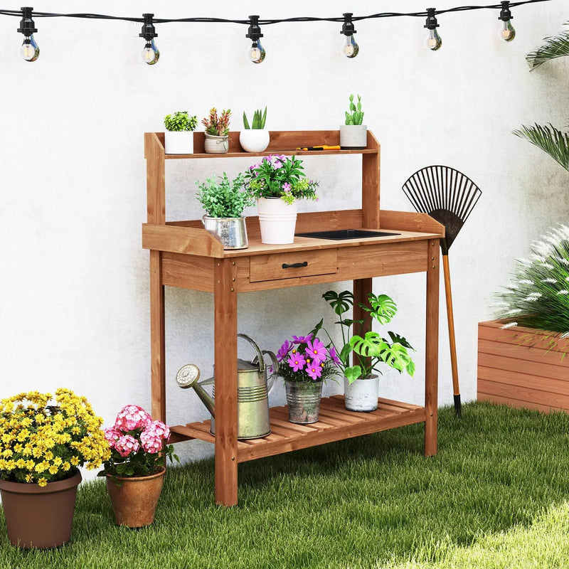Outdoor Wooden Garden Table Work Station with Storage Shelves and Drawer-Coffee by DirectDeals