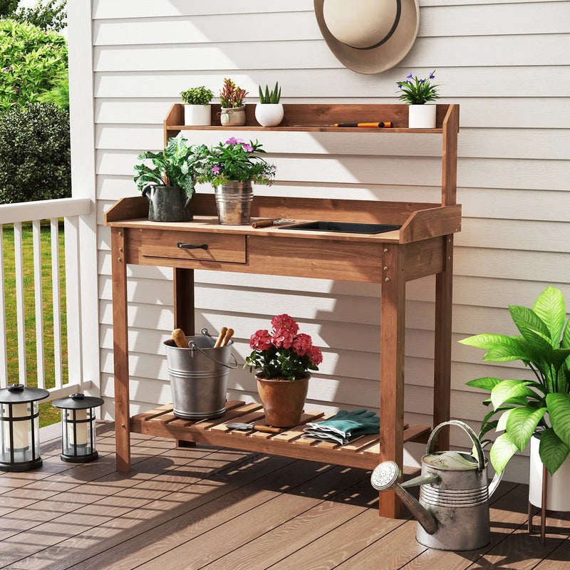 Outdoor Wooden Garden Table Work Station with Storage Shelves and Drawer-Coffee by DirectDeals