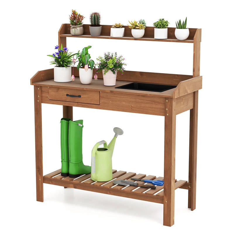 Outdoor Wooden Garden Table Work Station with Storage Shelves and Drawer-Coffee by DirectDeals