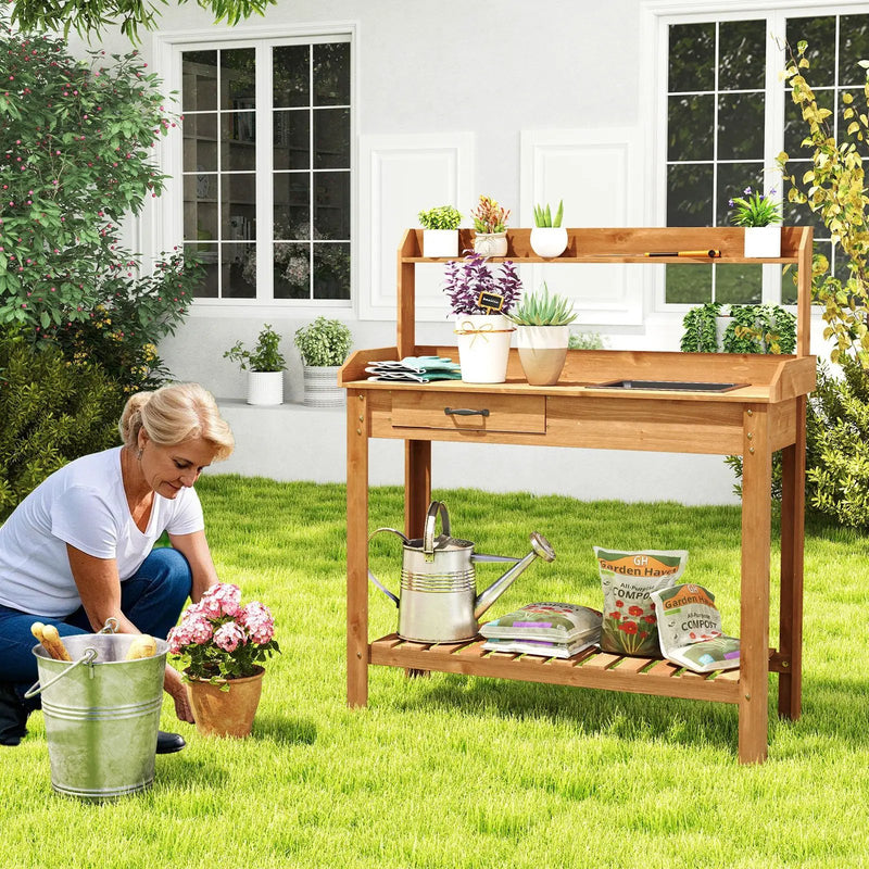 Outdoor Wooden Garden Table Work Station with Storage Shelves and Drawer-Coffee by DirectDeals