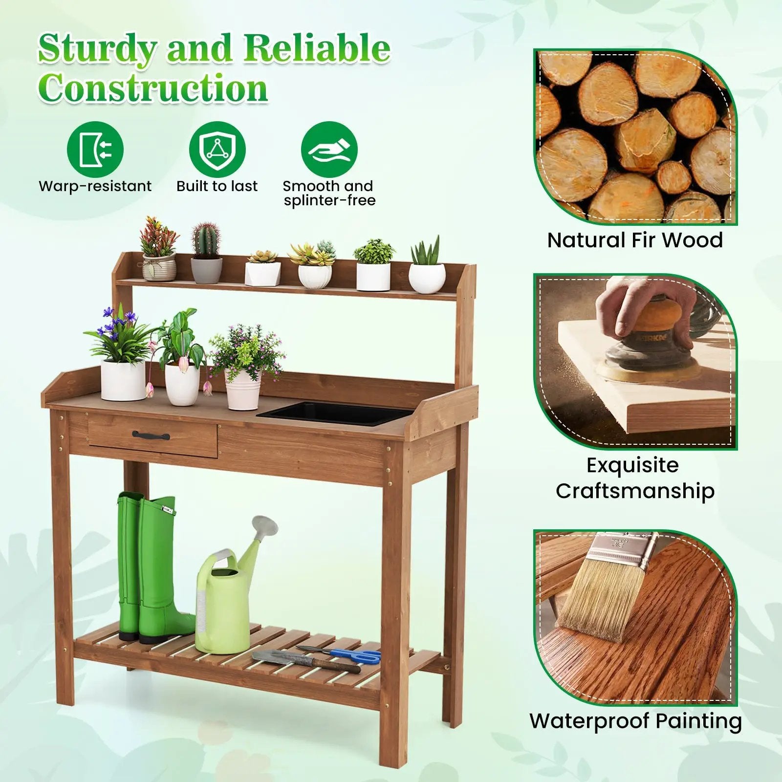 Outdoor Wooden Garden Table Work Station with Storage Shelves and Drawer-Coffee by DirectDeals