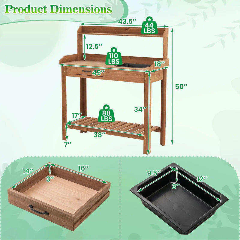 Outdoor Wooden Garden Table Work Station with Storage Shelves and Drawer-Coffee by DirectDeals