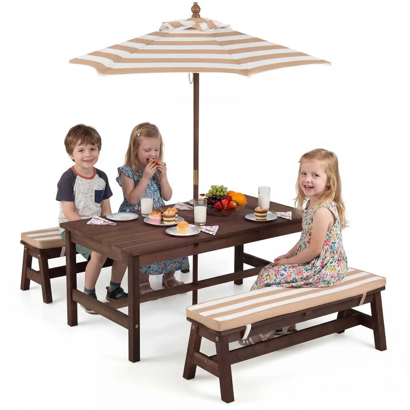 Outdoor Wooden Kids Picnic Table with Removable Umbrella and Cushions by DirectDeals