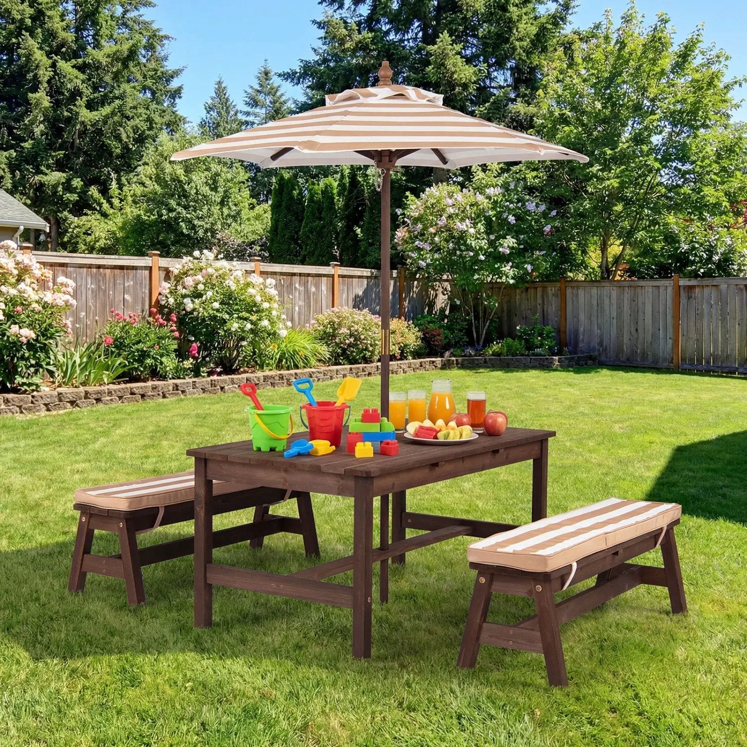 Outdoor Wooden Kids Picnic Table with Removable Umbrella and Cushions by DirectDeals