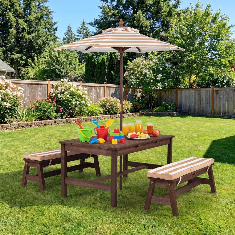 Outdoor Wooden Kids Picnic Table with Removable Umbrella and Cushions by DirectDeals