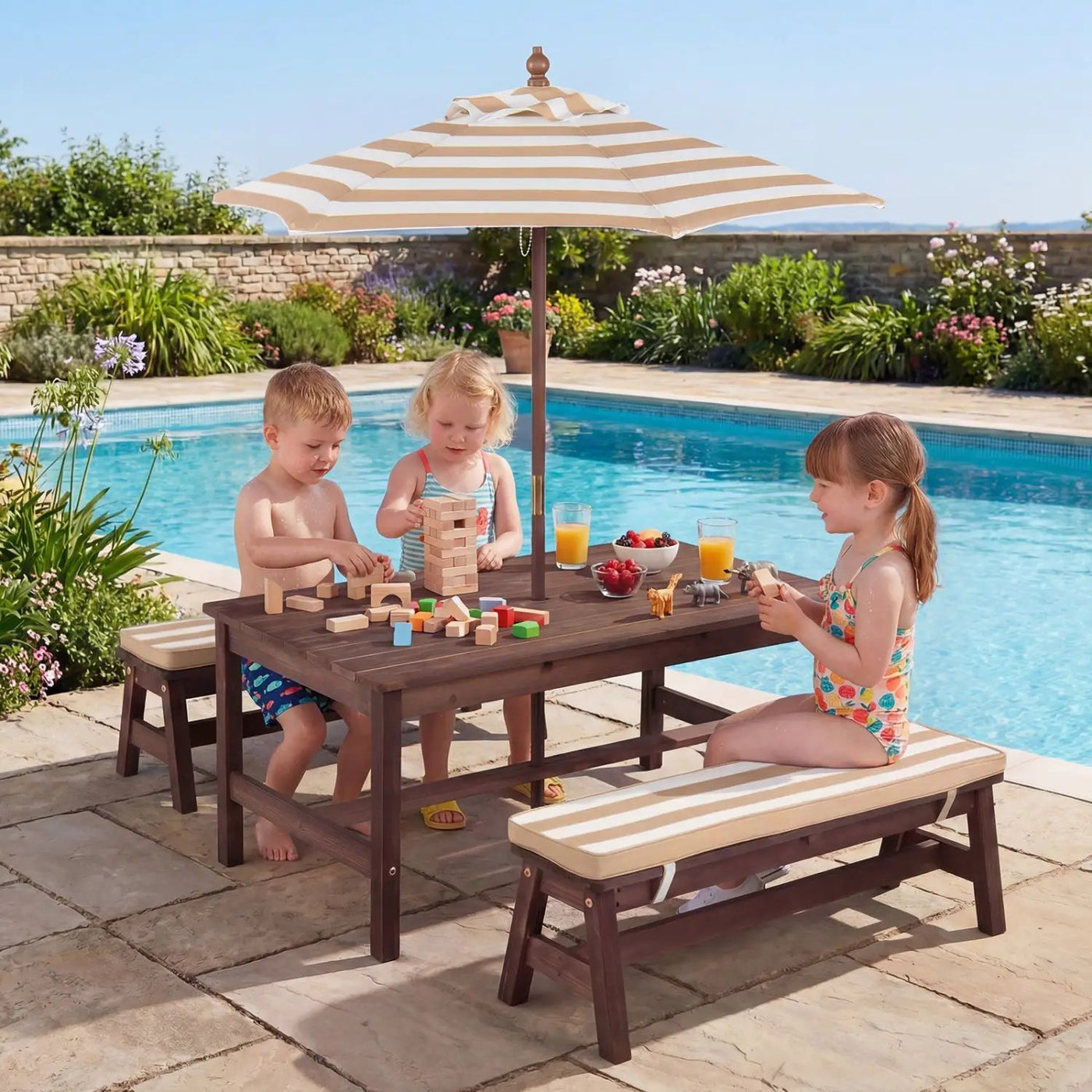 Outdoor Wooden Kids Picnic Table with Removable Umbrella and Cushions by DirectDeals