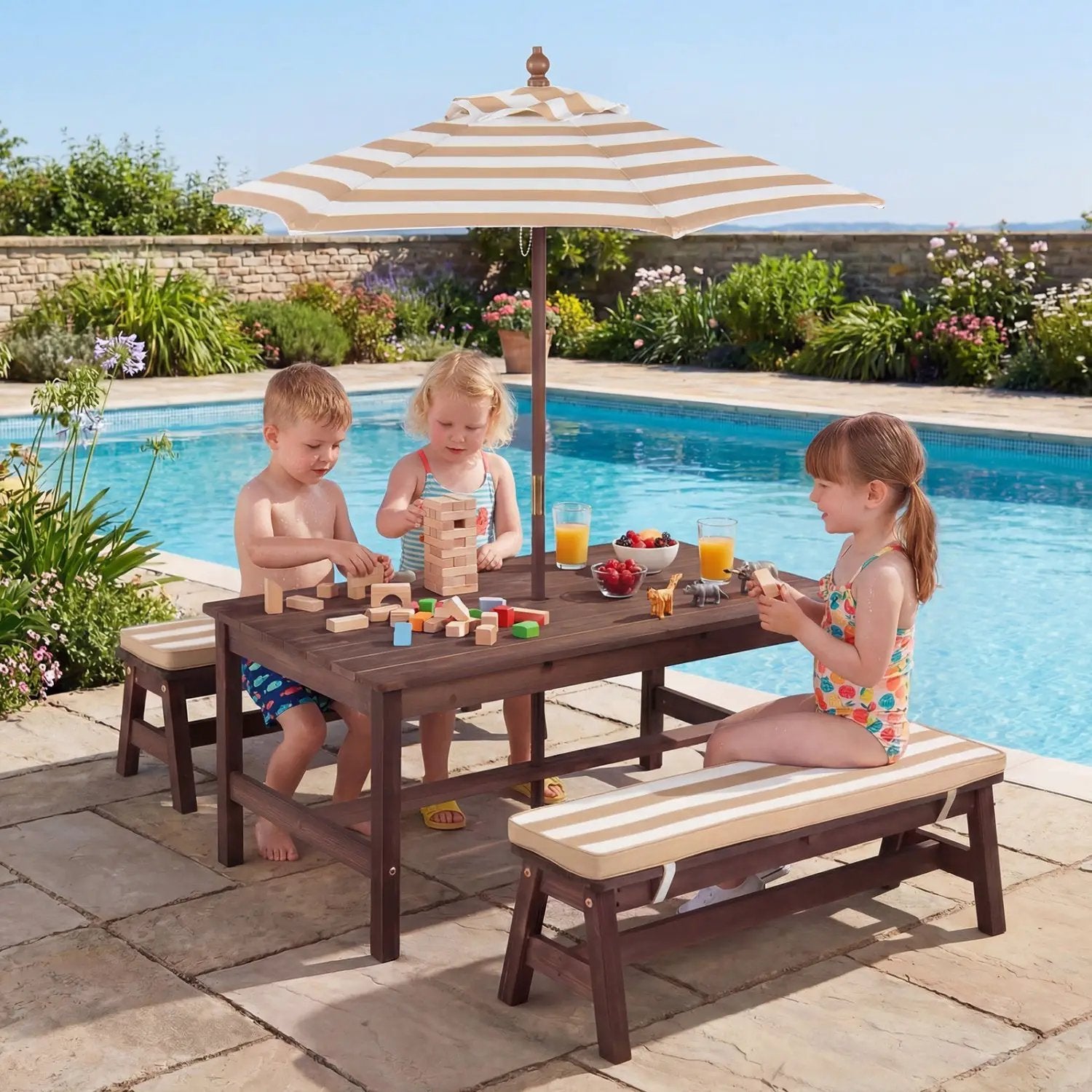 Outdoor Wooden Kids Picnic Table with Removable Umbrella and Cushions by DirectDeals