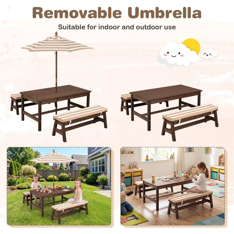 Outdoor Wooden Kids Picnic Table with Removable Umbrella and Cushions by DirectDeals