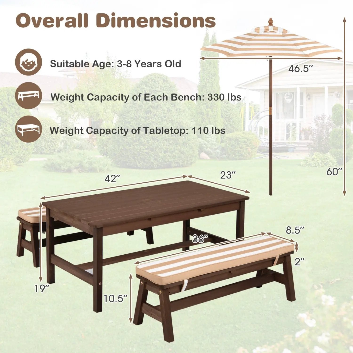 Outdoor Wooden Kids Picnic Table with Removable Umbrella and Cushions by DirectDeals