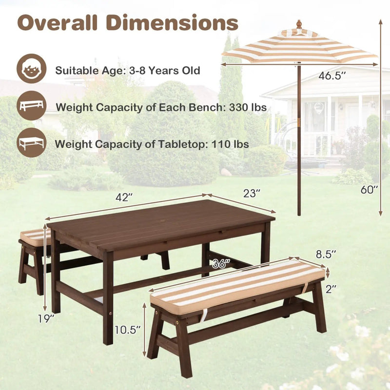 Outdoor Wooden Kids Picnic Table with Removable Umbrella and Cushions by DirectDeals