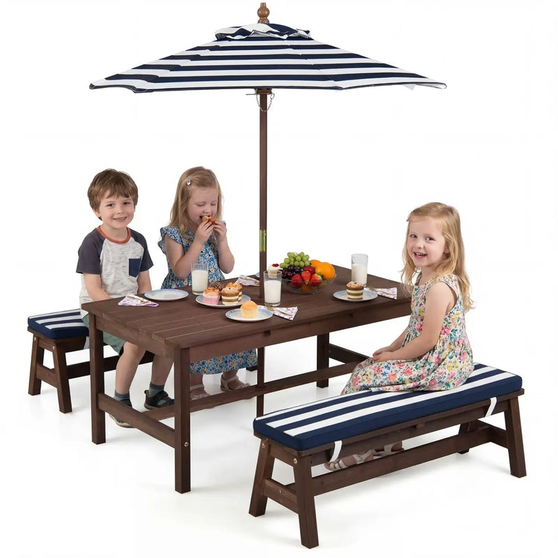 Outdoor Wooden Kids Picnic Table with Removable Umbrella and Cushions by DirectDeals
