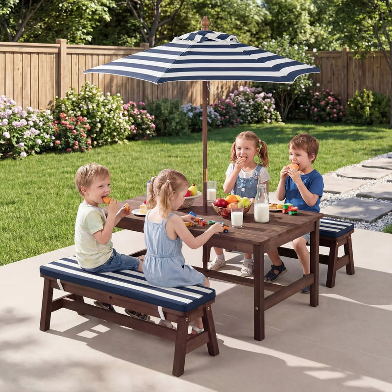 Outdoor Wooden Kids Picnic Table with Removable Umbrella and Cushions by DirectDeals